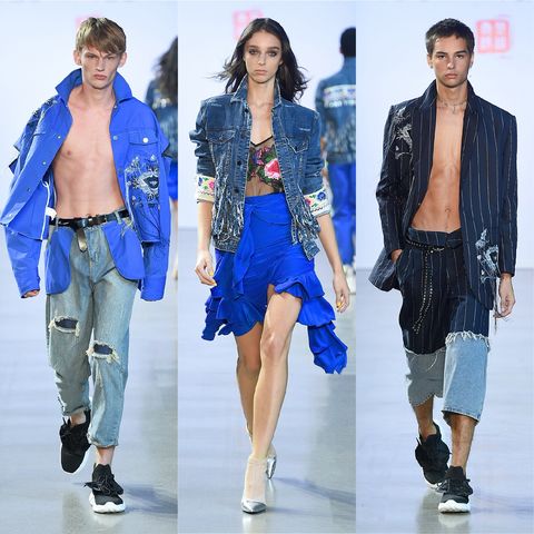 Fashion model, Fashion, Clothing, Runway, Denim, Jeans, Fashion show, Electric blue, Outerwear, Fashion design, 